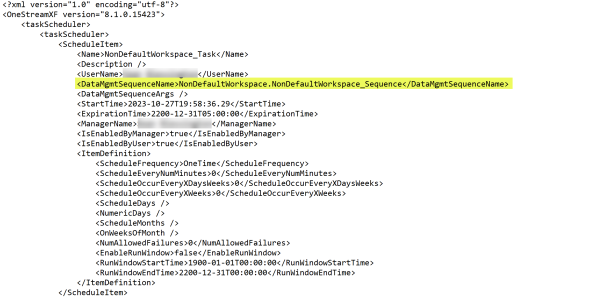 Yellow highlight on "NonDefaultWorkspace.NonDefaultWorkspace___Sequence</DataMgmtSequenceName>